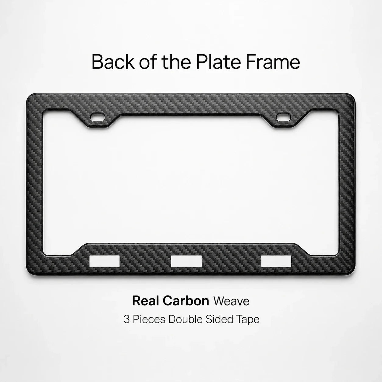 Back of the carbon fiber license plate frame showing the carbon weave and three pieces of double sided tape