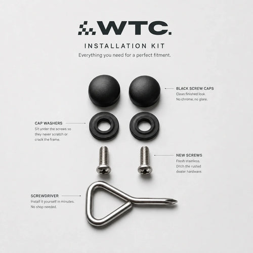 WTC installation kit: black screw caps, cap washers, stainless steel screws and screwdriver