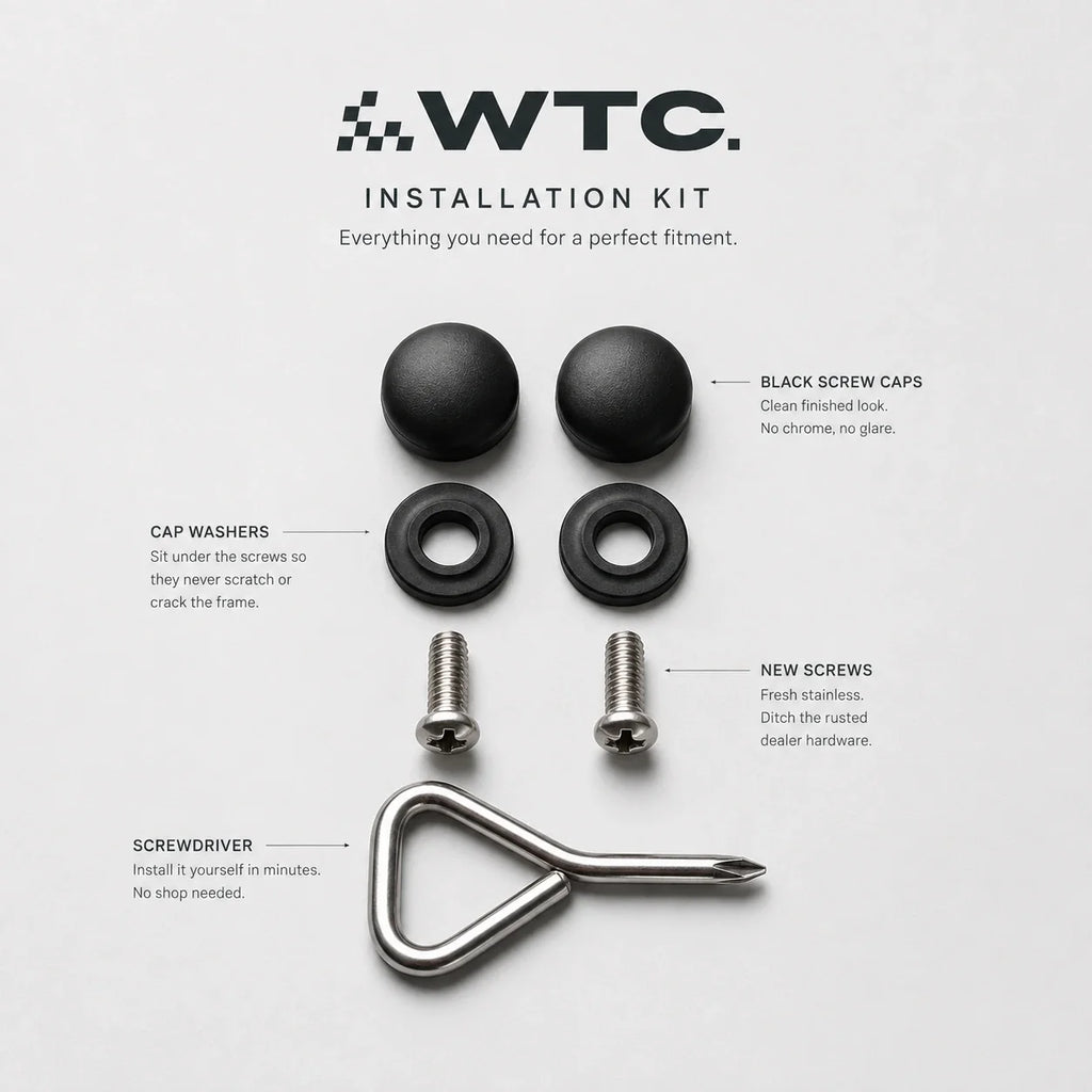 WTC installation kit: black screw caps, cap washers, stainless steel screws and screwdriver