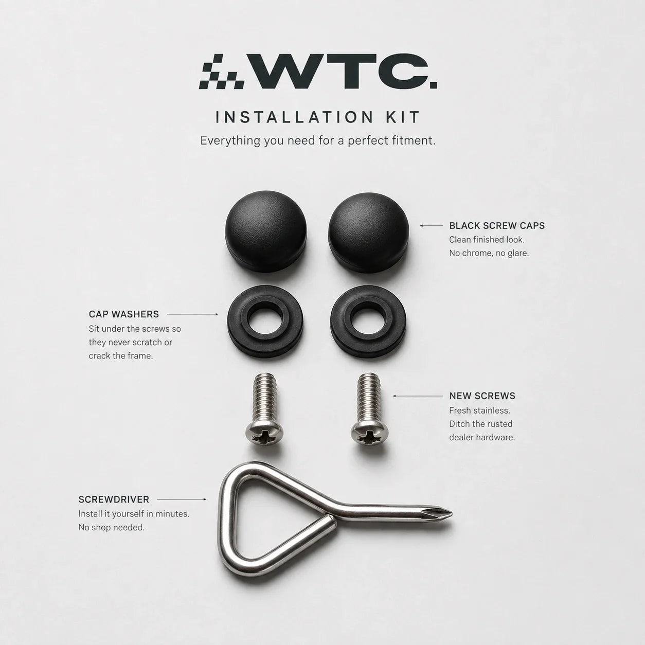 WTC installation kit: black screw caps, cap washers, stainless steel screws and screwdriver